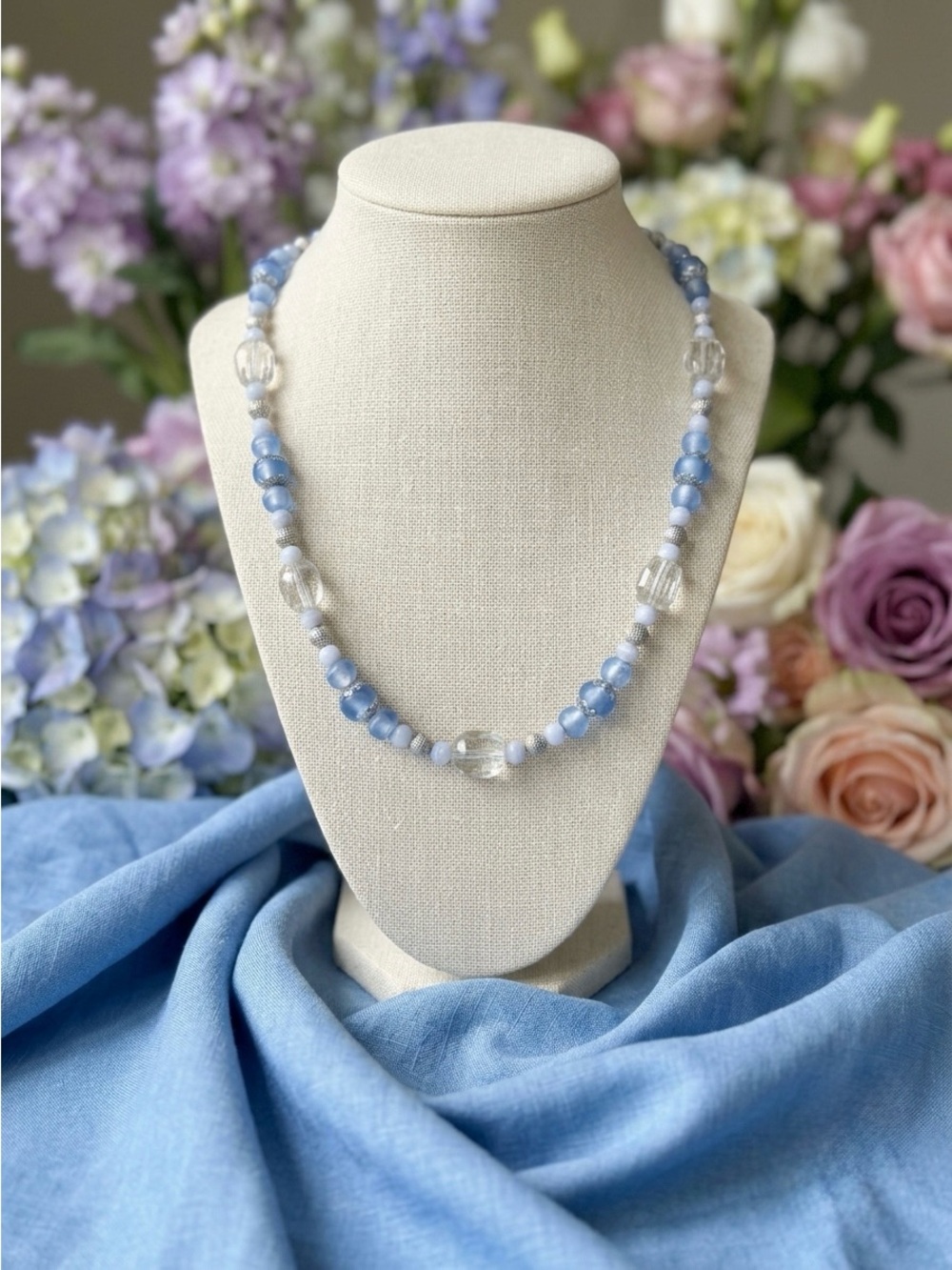Kelco Artisan Blue Lace Agate, Lampwork Glass & Faceted Glass Crystals Necklace